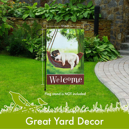 G128 Garden Flag Sleeping Puppy and Welcome Quote  12x18 Inch  Printed 150D Polyester  Everyday Decoration, Rustic Holiday Seasonal Outdoor Flag