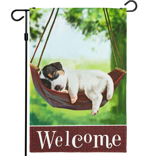 G128 Garden Flag Sleeping Puppy and Welcome Quote  12x18 Inch  Printed 150D Polyester  Everyday Decoration, Rustic Holiday Seasonal Outdoor Flag